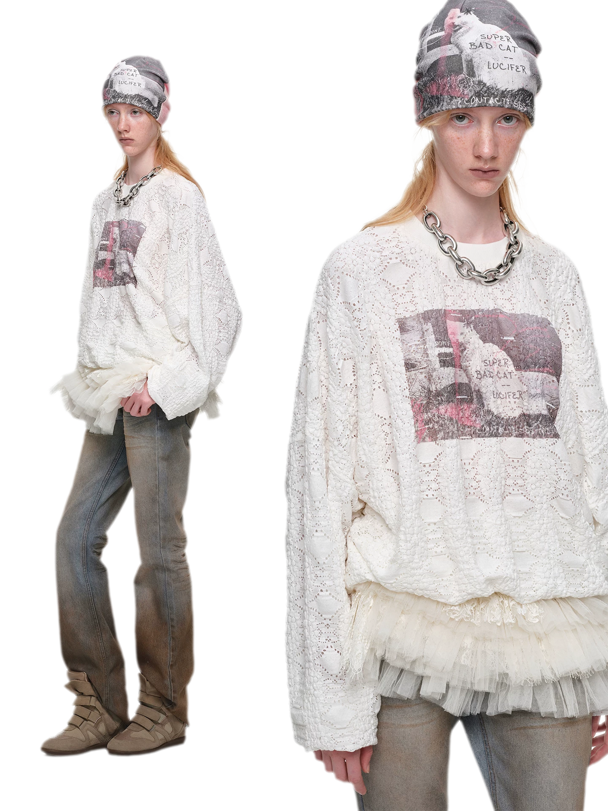 Distressed Cat Graphic Sweatshirt