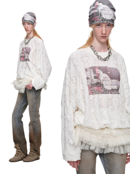 Distressed Cat Graphic Sweatshirt