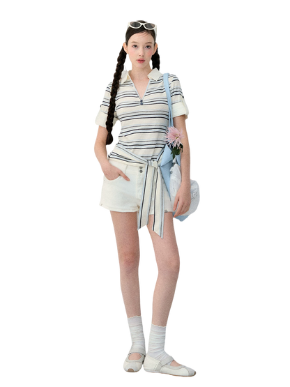 White Korean Casual High-Waist Denim Shorts