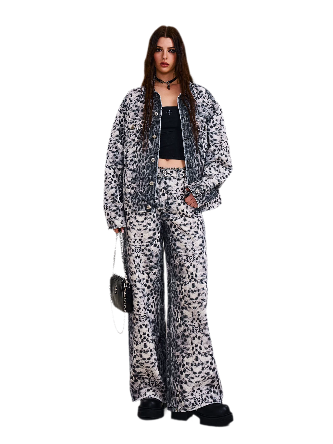 Cross Statue Leopard Print Wide-Leg Jeans