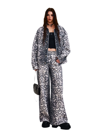 Cross Statue Leopard Print Wide-Leg Jeans