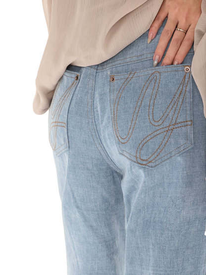 90s Vintage Washed Metal Button Wide-Leg Denim Pants