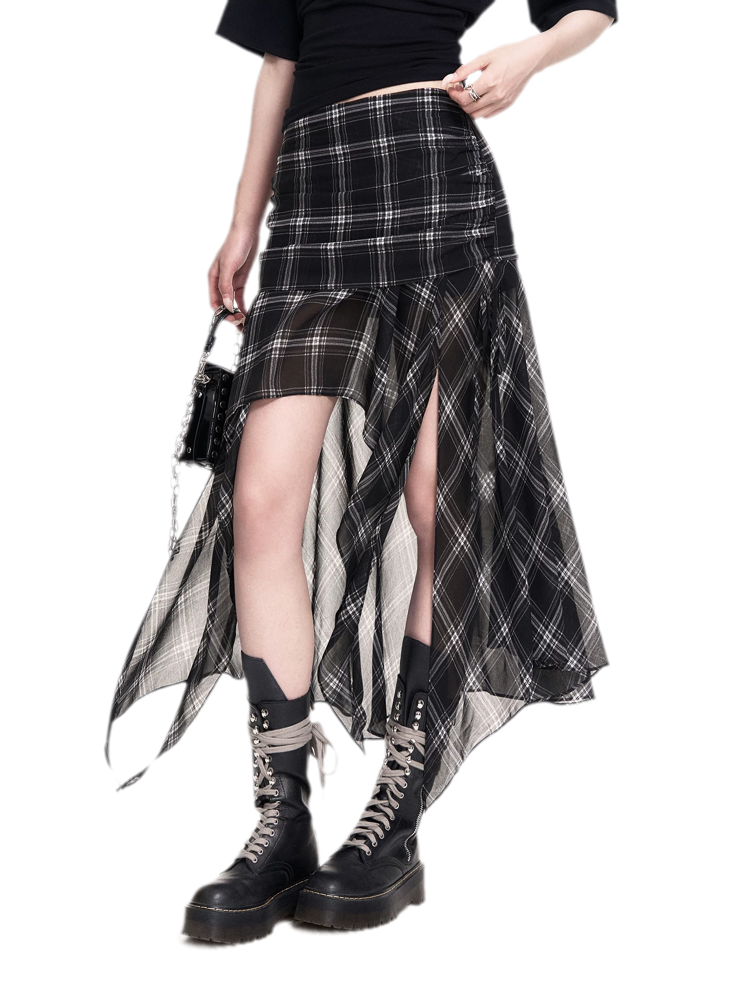 Plaid Asymmetric Midi Skirt