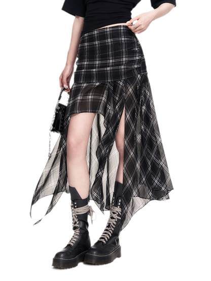 Plaid Asymmetric Midi Skirt