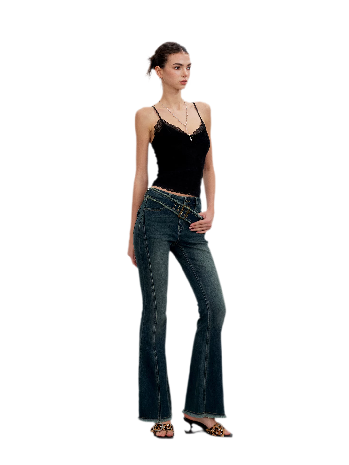 Washed Panel Flare Jeans