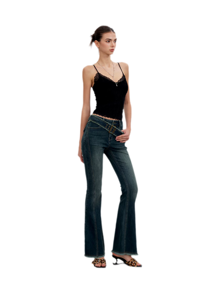 Washed Panel Flare Jeans