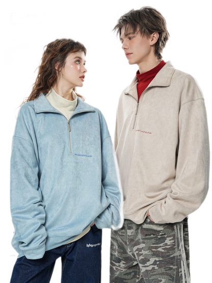 Faux Suede Oversize Polo Sweatshirt