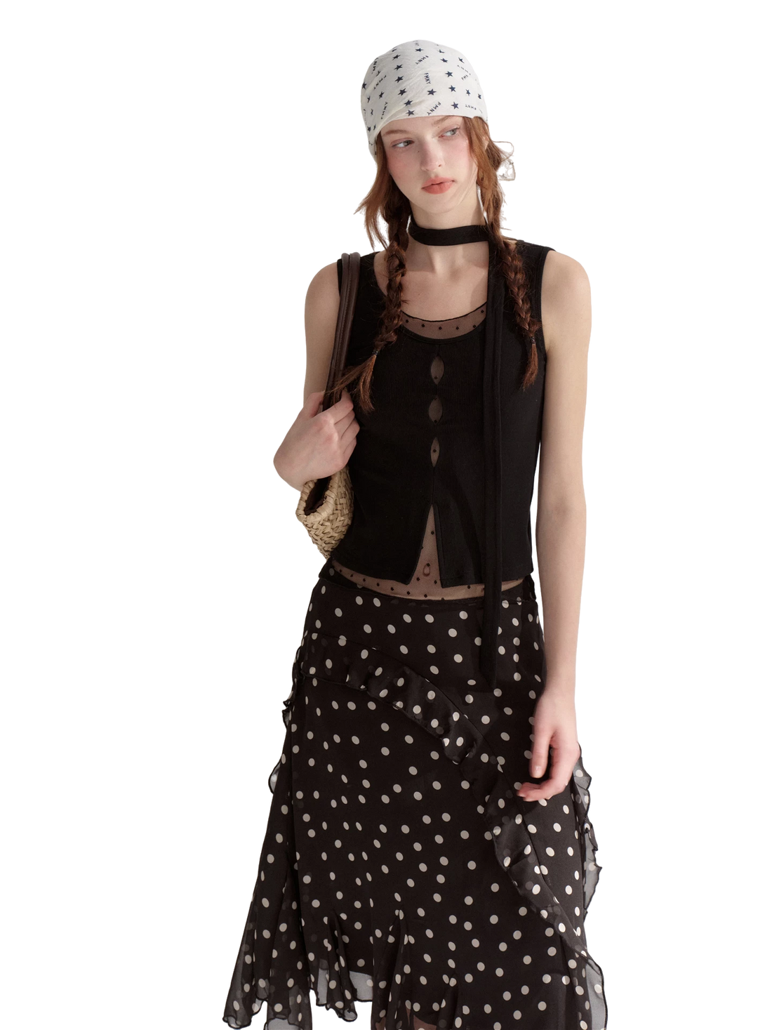 Ribbed Elastic Dot Mesh Sleeveless Top