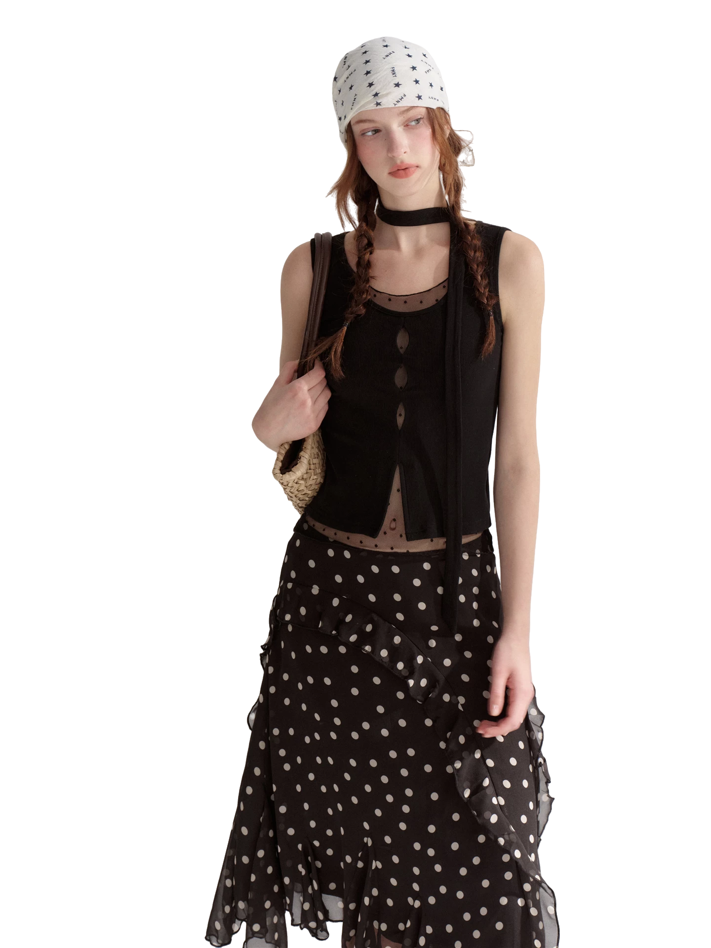 Ribbed Elastic Dot Mesh Sleeveless Top