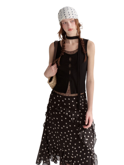 Ribbed Elastic Dot Mesh Sleeveless Top