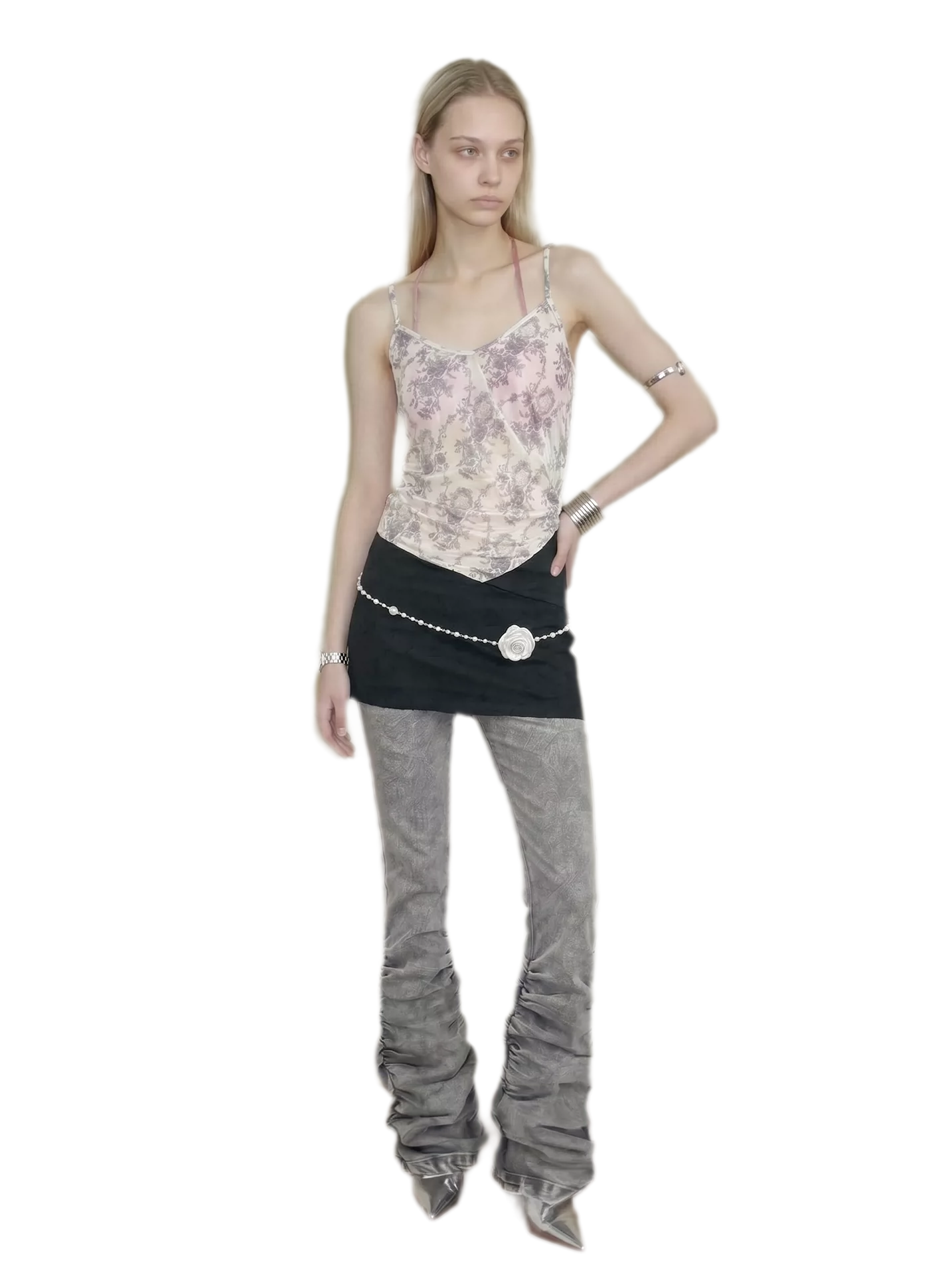 Washed Low-Rise Ruched Flare Jeans