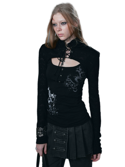 Silver Foil Gothic Lace-Up Top