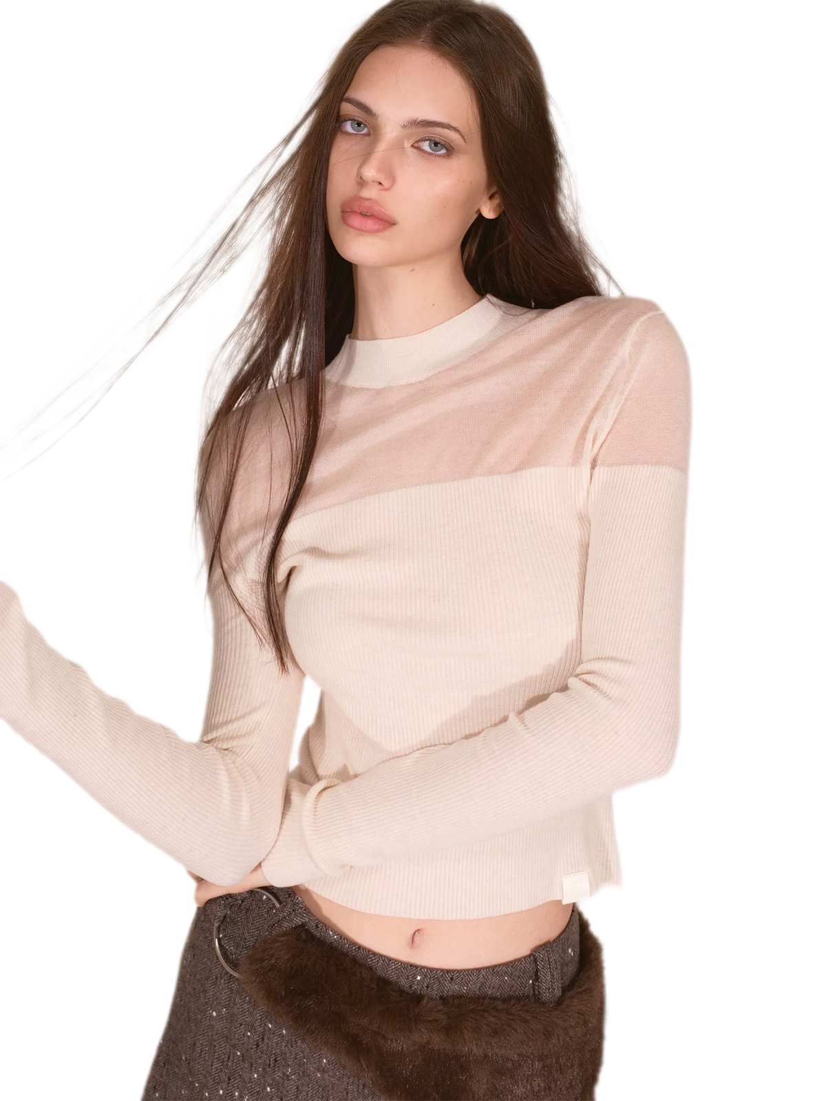 Sheer Mesh Mock-Neck Knit Top