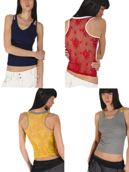 Lace Panel Slim Fit Striped Shoulder Vest Top