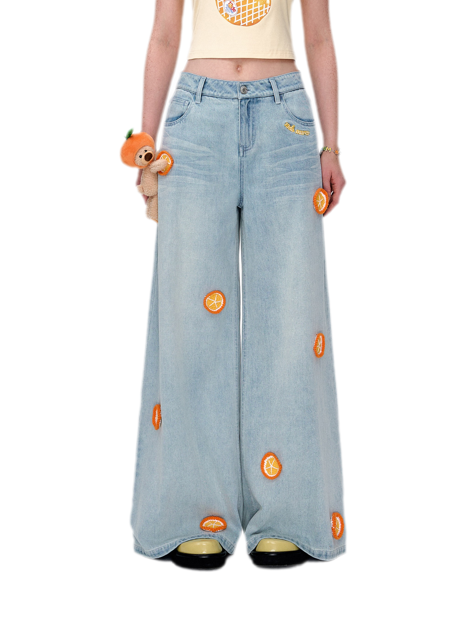 Fruit Embroidered Wide-Leg Pants