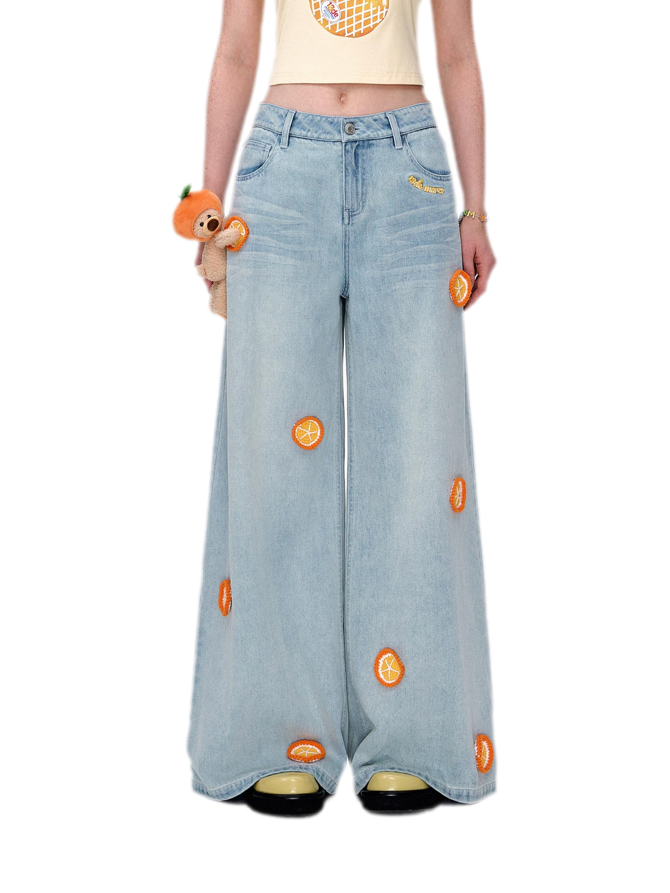 Fruit Embroidered Wide-Leg Pants