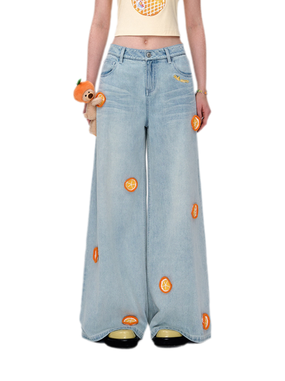 Fruit Embroidered Wide-Leg Pants