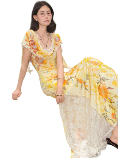 Beaded Lace Print Convertible Dress