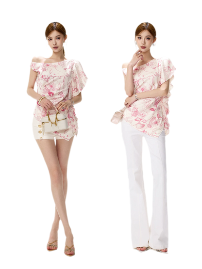 Printed One-Shoulder Ruffle Top
