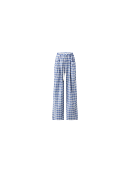 Lace Trim Plaid Wide-Leg Pants
