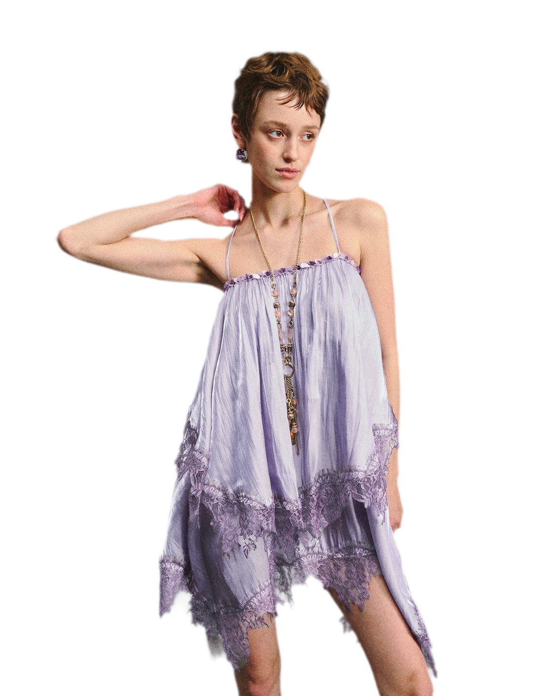 Lavender Galaxy Lace Satin Beaded Strap Dress