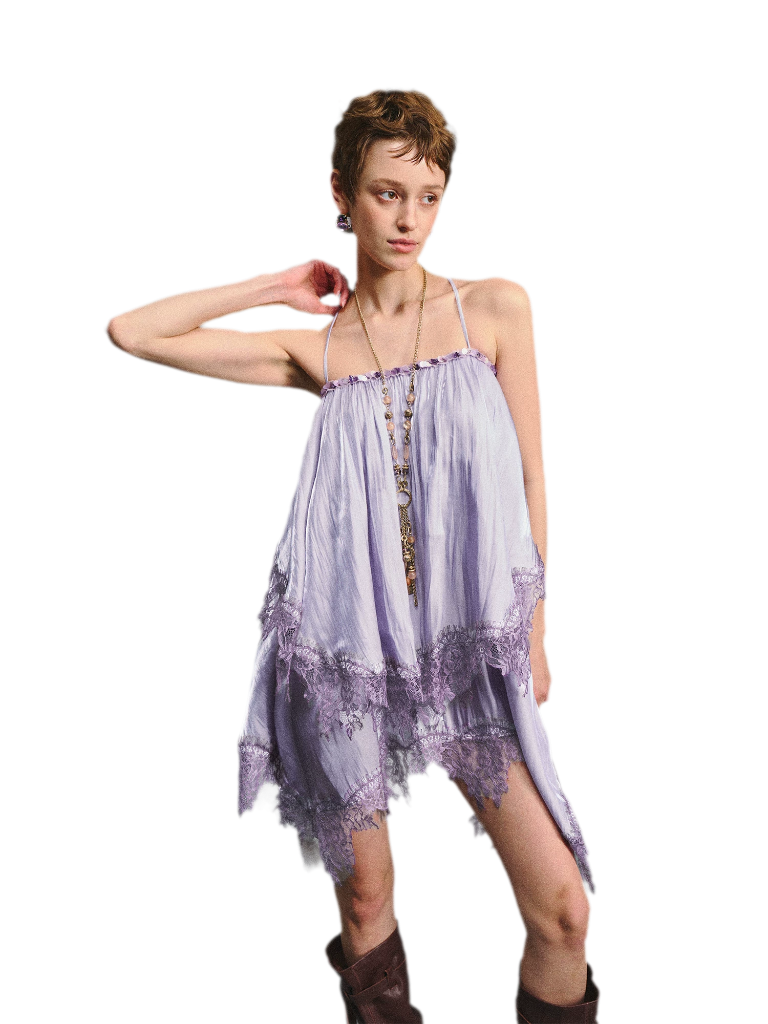 Lavender Galaxy Lace Satin Beaded Strap Dress