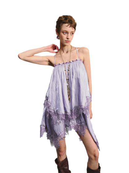 Lavender Galaxy Lace Satin Beaded Strap Dress