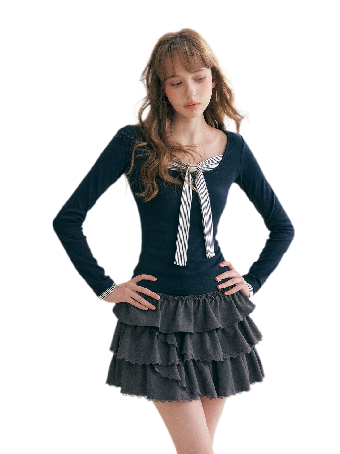 Striped Faux-Layer Fitted Top
