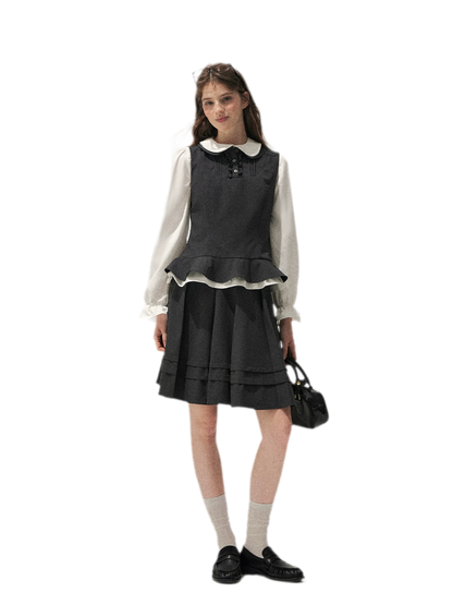 Textured Pleated Vest Skirt Set