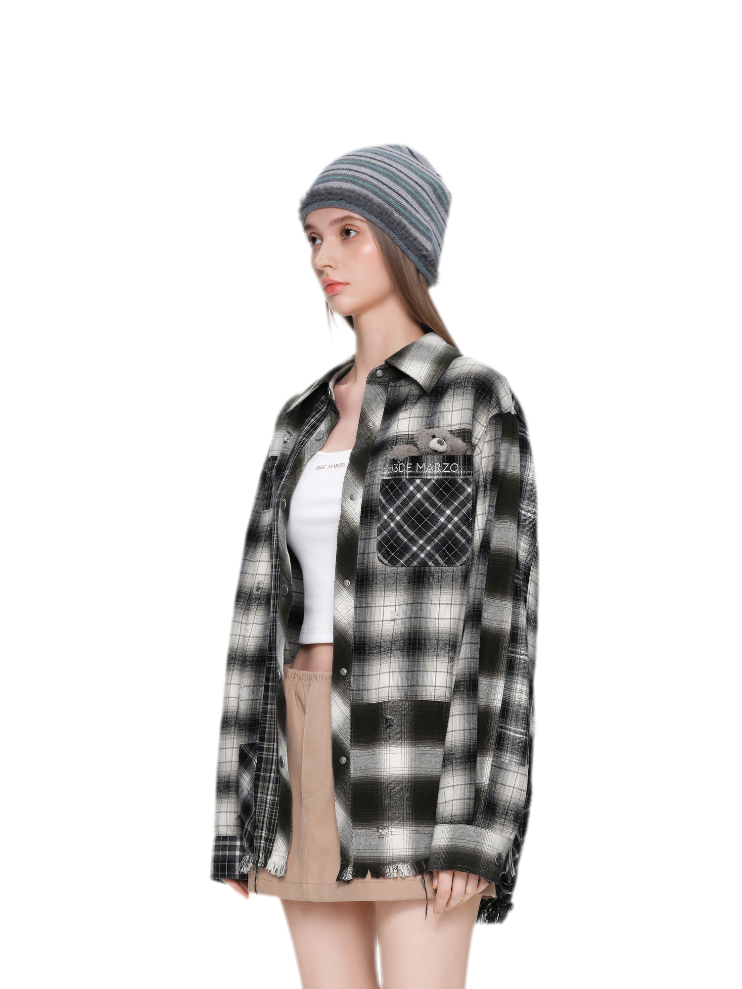 Distressed Patchwork Plaid Overshirt