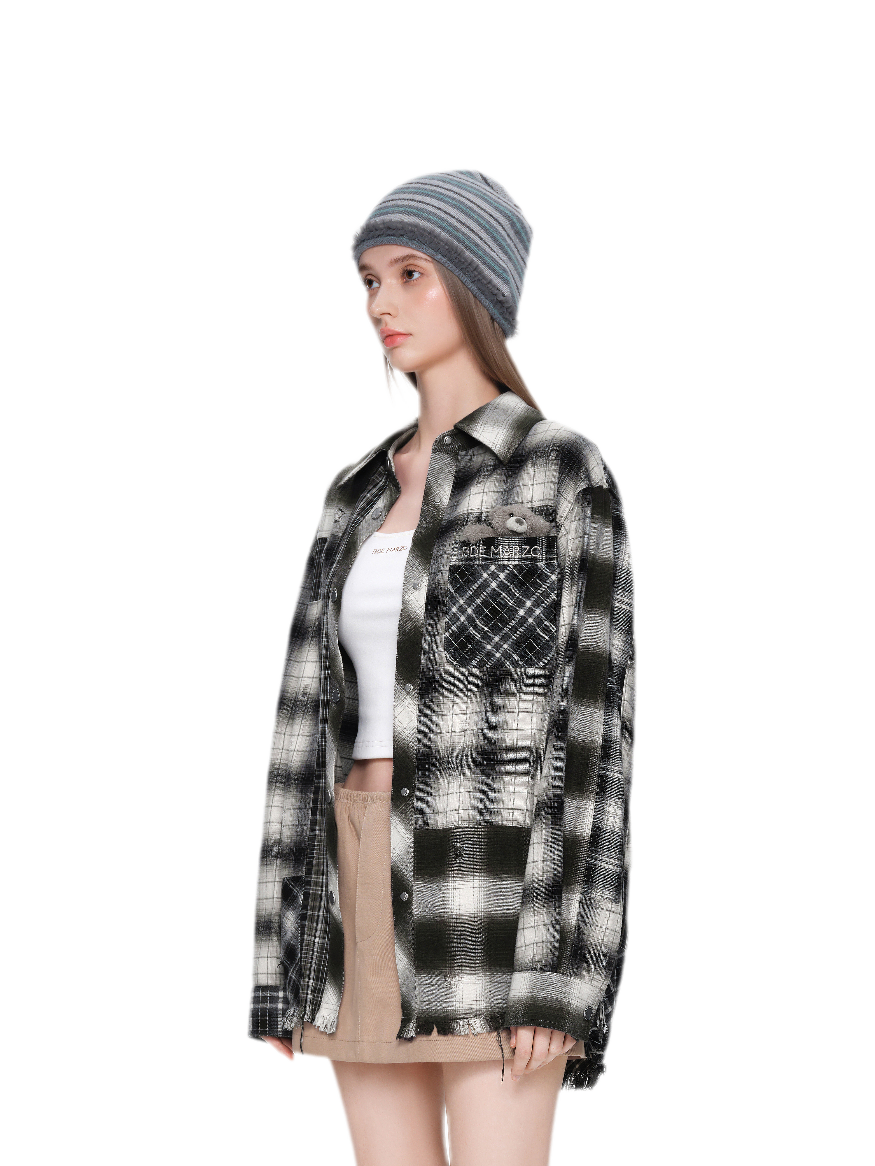 Distressed Patchwork Plaid Overshirt