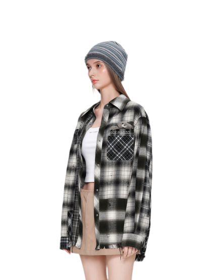 Distressed Patchwork Plaid Overshirt
