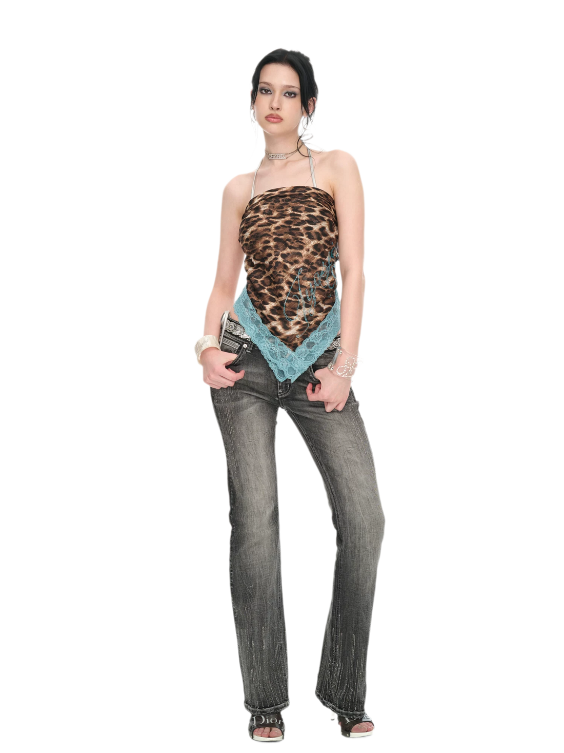 Peacock Blue Lace Leopard Print Chiffon Scarf