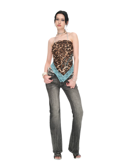 Peacock Blue Lace Leopard Print Chiffon Scarf