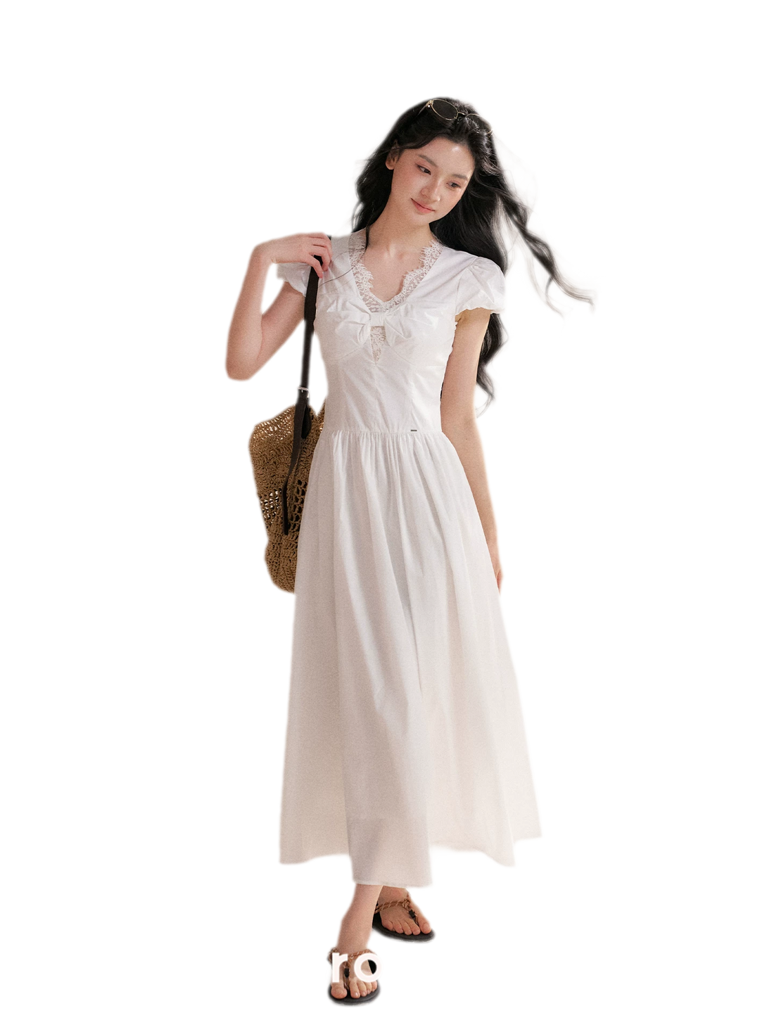 Knot Design French Lace Puff Sleeve A-Line Dress