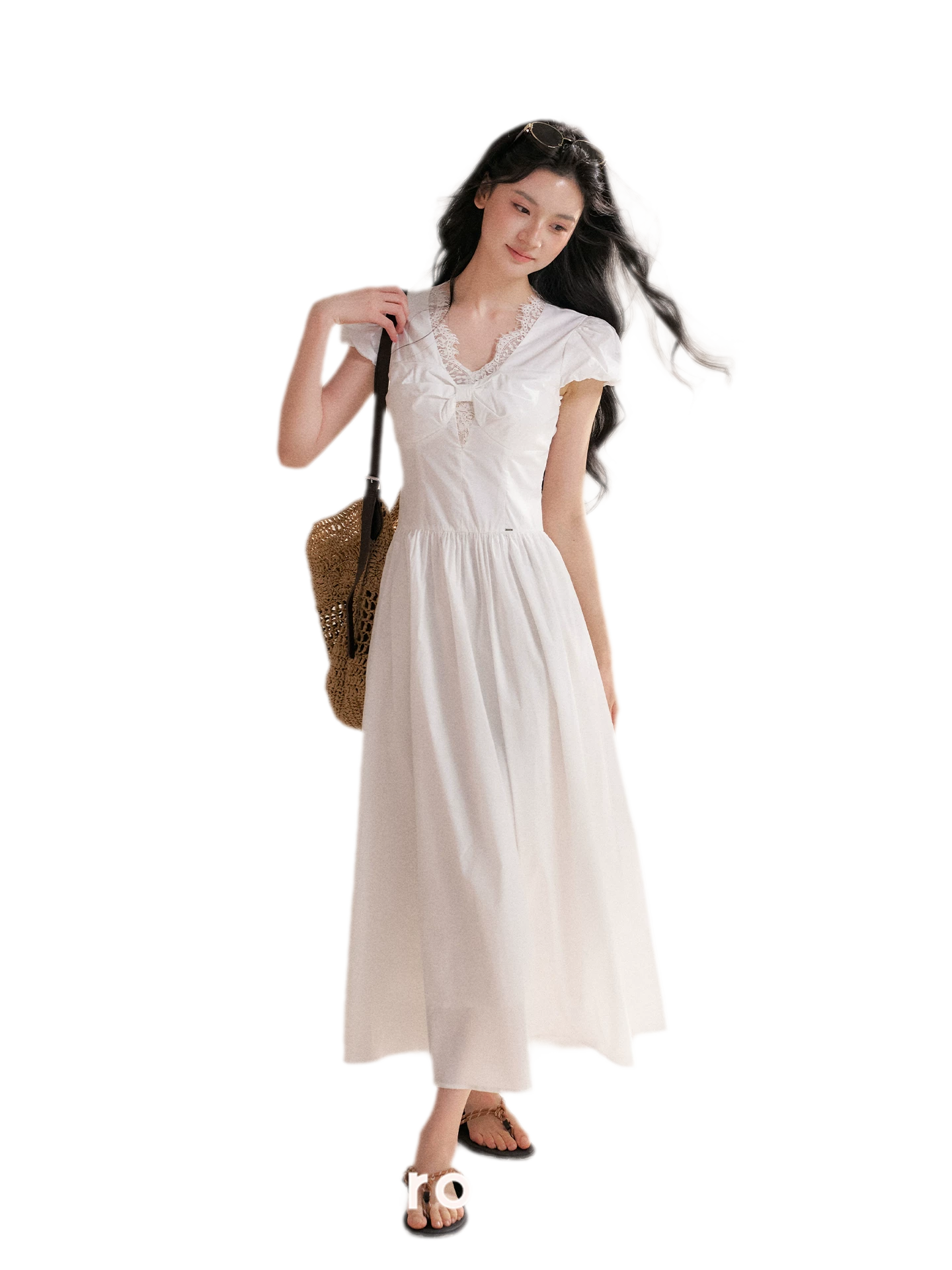 Knot Design French Lace Puff Sleeve A-Line Dress