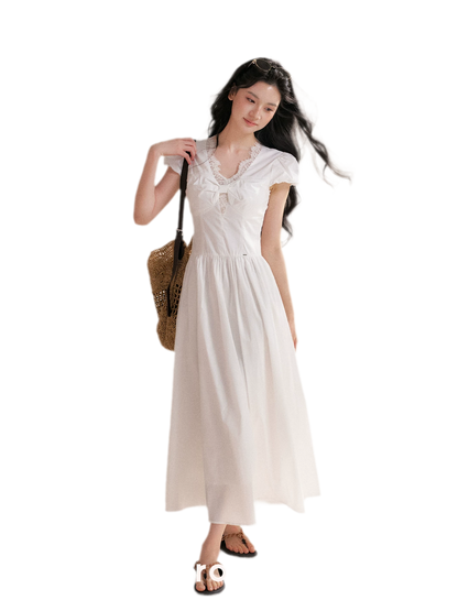 Knot Design French Lace Puff Sleeve A-Line Dress