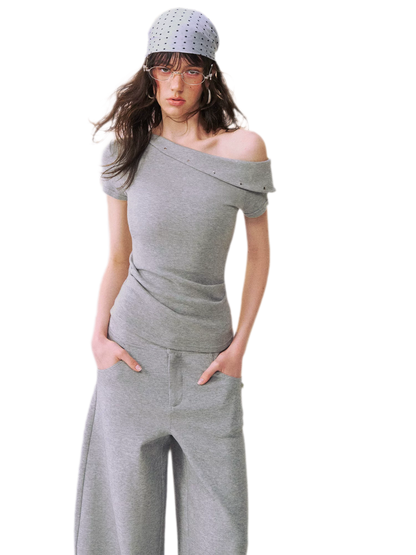 Asymmetric Off-Shoulder Tee Pants Set