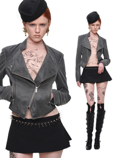 Washed Leather-Look Fitted Jacket