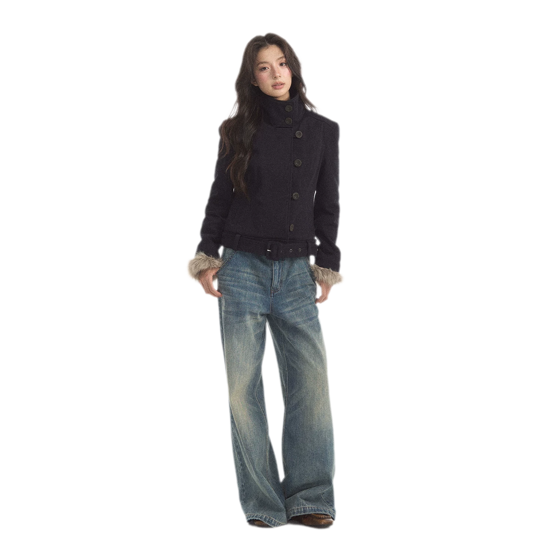 Detachable Fur Collar Twill Coat
