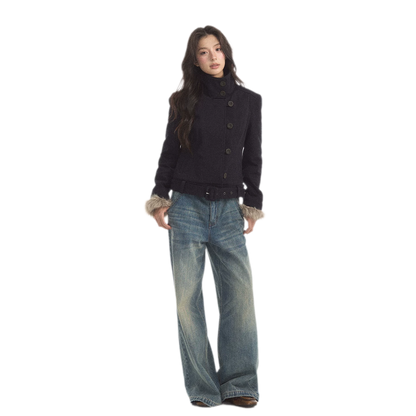 Detachable Fur Collar Twill Coat