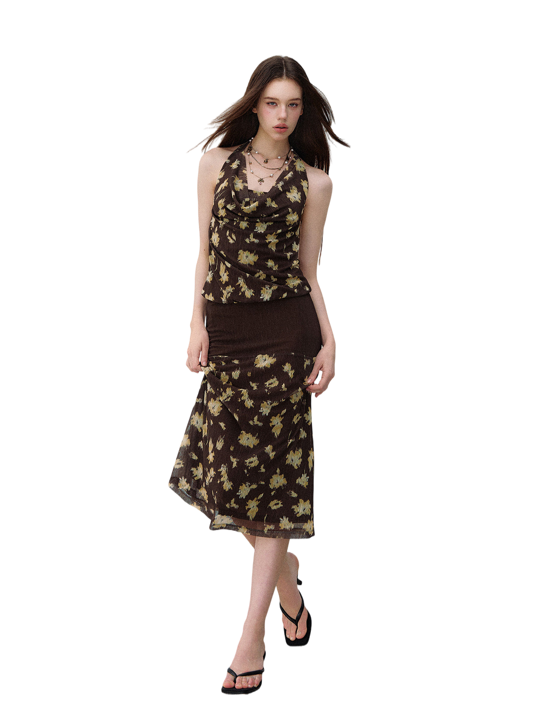 Misty Garden Halter Neck Fishtail Mesh Dress