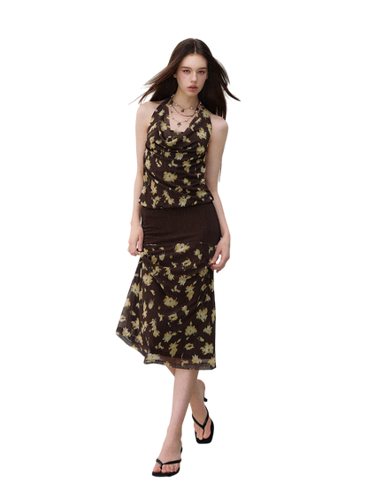 Misty Garden Halter Neck Fishtail Mesh Dress