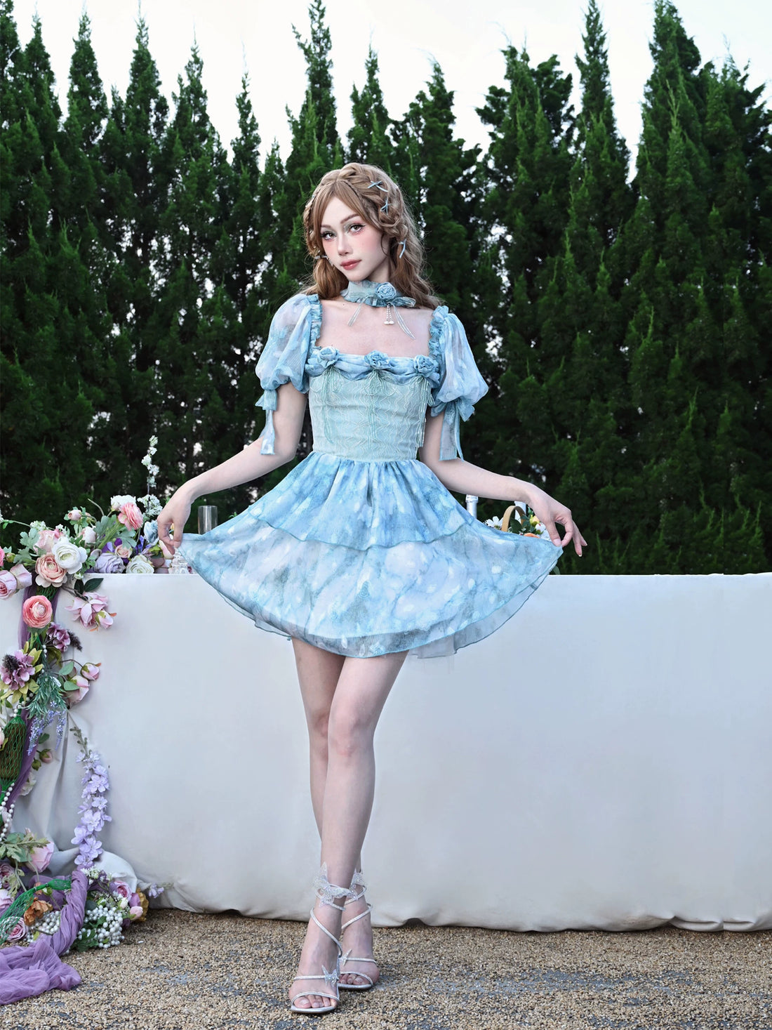 Lace Ruffle Puff-Sleeve Dress