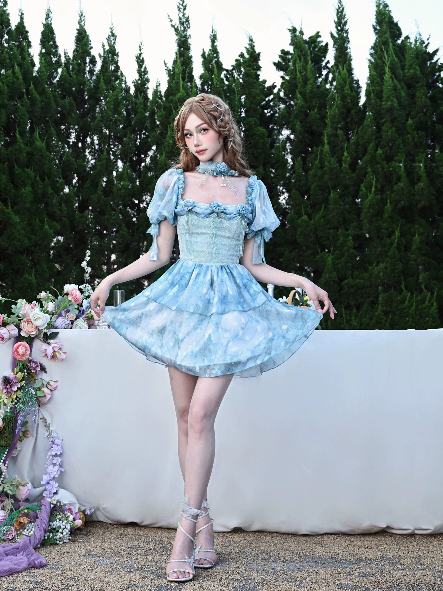 Lace Ruffle Puff-Sleeve Dress