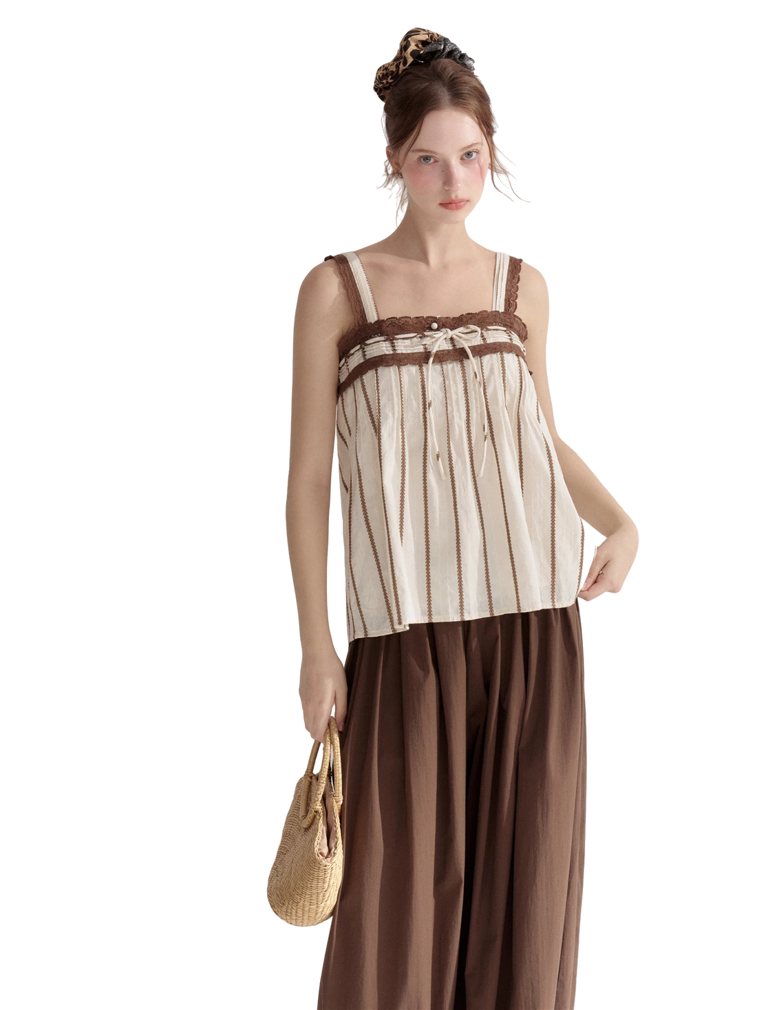 Striped Lace-Trim Tie-Front Camisole