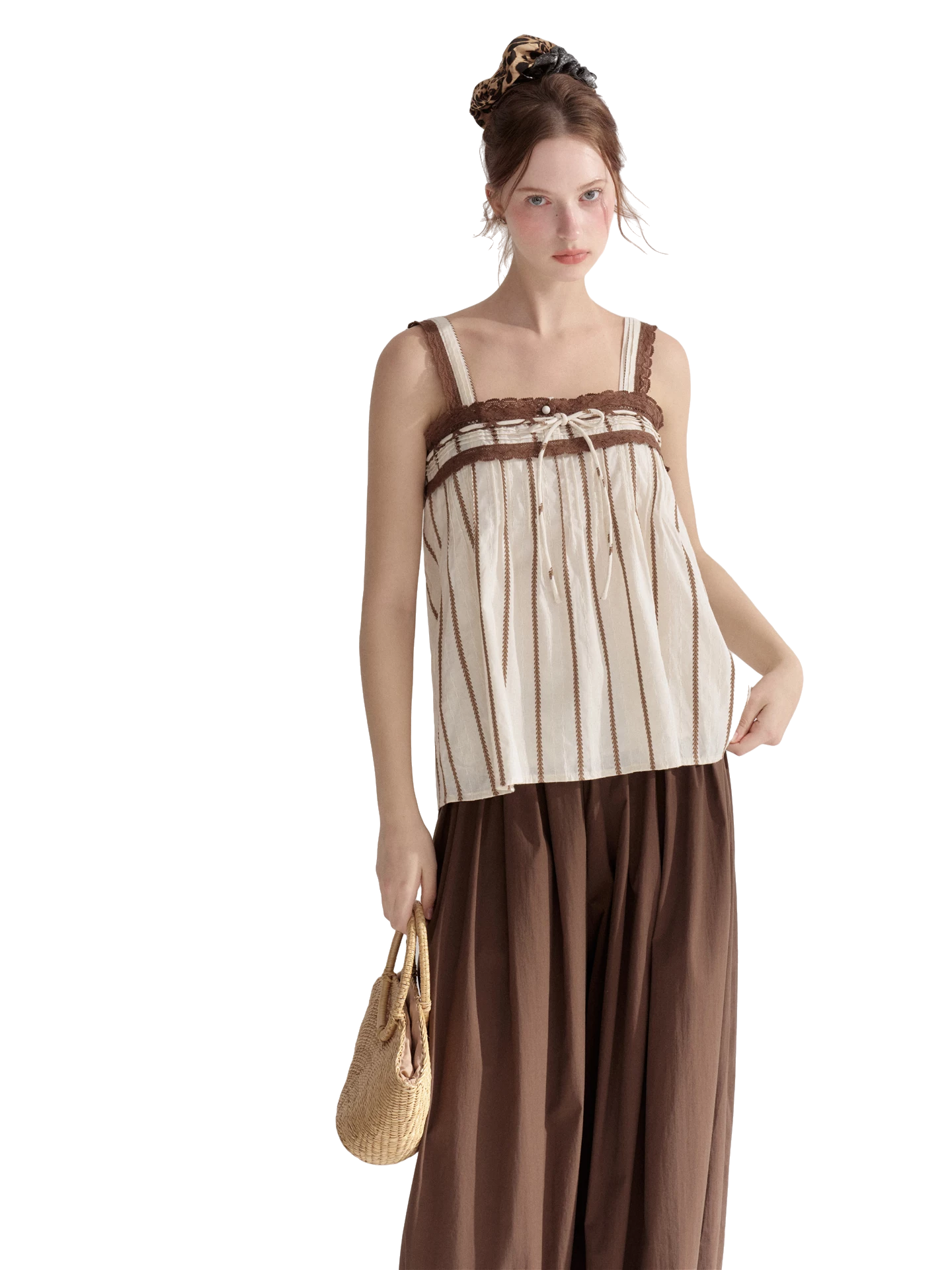 Striped Lace-Trim Tie-Front Camisole