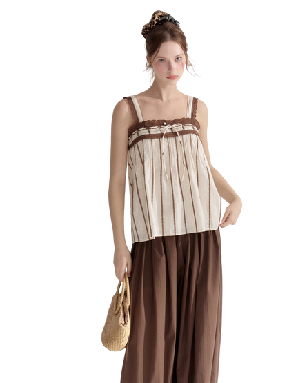 Striped Lace-Trim Tie-Front Camisole