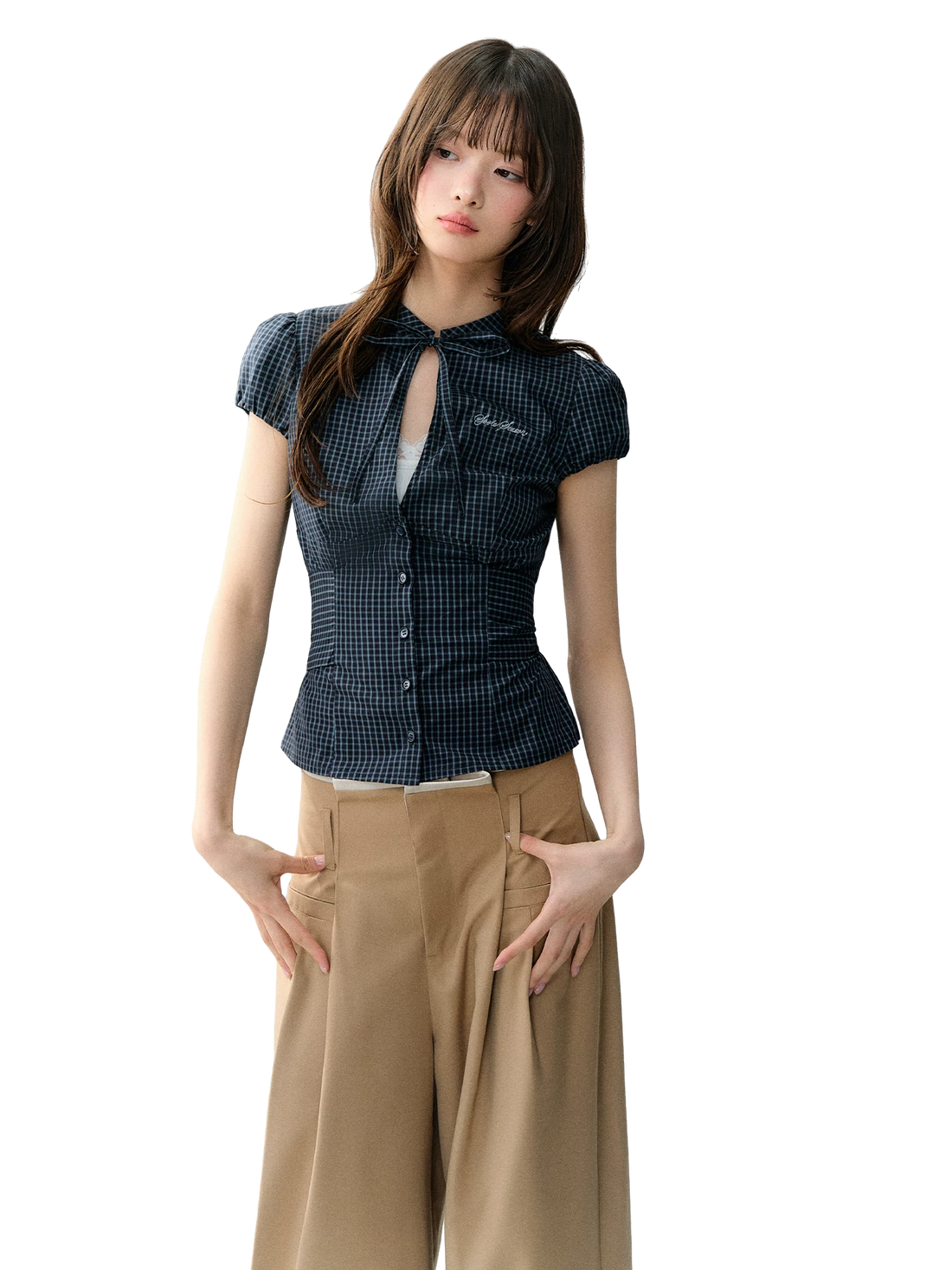 Retro Plaid Tie-Waist Hollow Waist Shirt