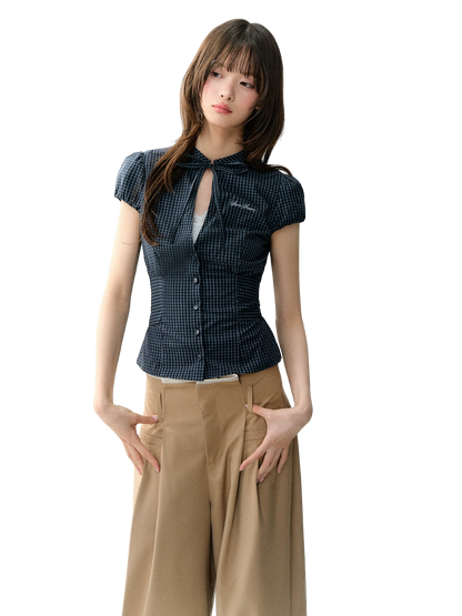 Retro Plaid Tie-Waist Hollow Waist Shirt
